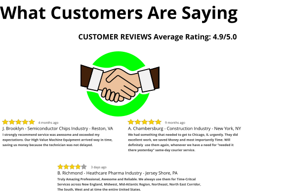 What Customers Are Saying                           CUSTOMER REVIEWS Average Rating: 4.9/5.0 J. Brooklyn - Semiconductor Chips Industry - Reston, VA I strongly recommend service was awesome and exceeded my expectations. Our High Value Machine Equipment arrived way in time, saving us money because the technician was not delayed. 4 months ago A. Chambersburg - Construction Industry - New York, NY We had something that needed to get to Chicago, IL urgently. They did excellent work, we saved Money and most importantly Time. Will definitely  use them again, whenever we have a need for “needed it there yesterday” same-day courier service.  9 months ago B. Richmond - Heathcare Pharma Industry - Jersey Shore, PA Truly Amazing Professional, Awesome and Reliable. We always use them for Time-Critcal Services across New England, Midwest, Mid-Atlantic Region, Northeast, North East Corridor, The South, West and at time the entire United States. 3 days ago